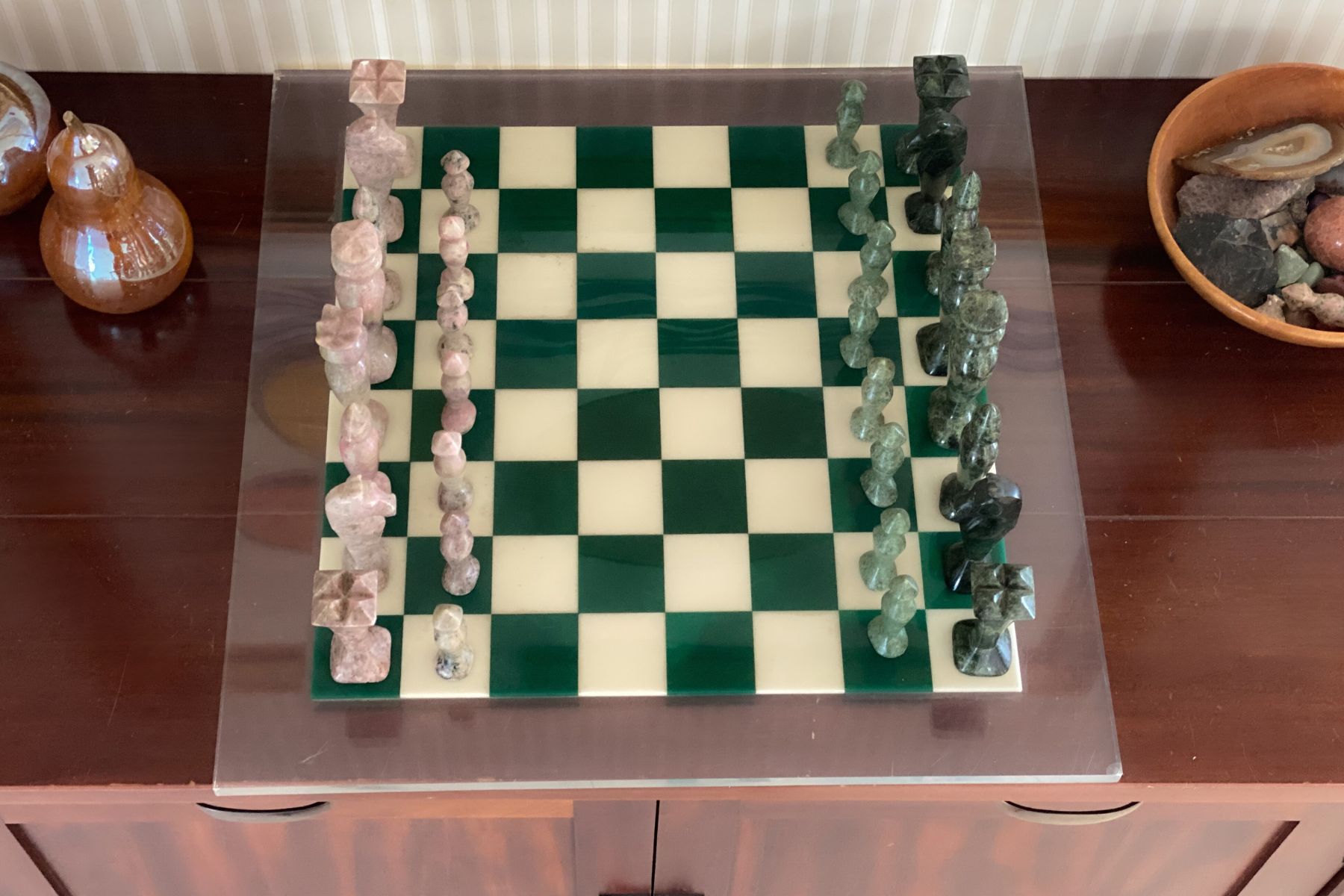 Chess set my grandfather made on display